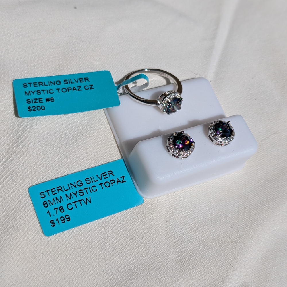 Sterling Silver Mystic Topaz Ring and Stud Earrings Set - Multi-Color